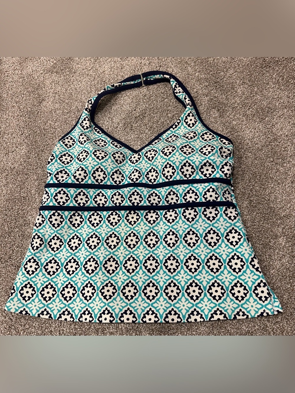 Lands' End Swim Halter Tankini Top Navy Teal Bohemian Coastal Women's 12